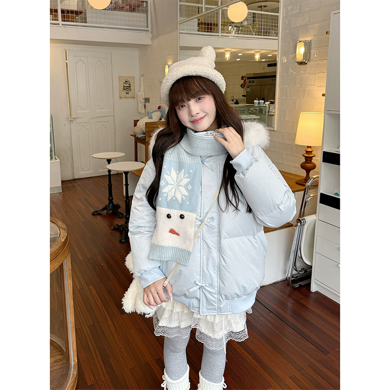 2025冬季新款奶蓝色甜美蝴蝶结毛领棉服外套女加厚保暖棉衣面包服
