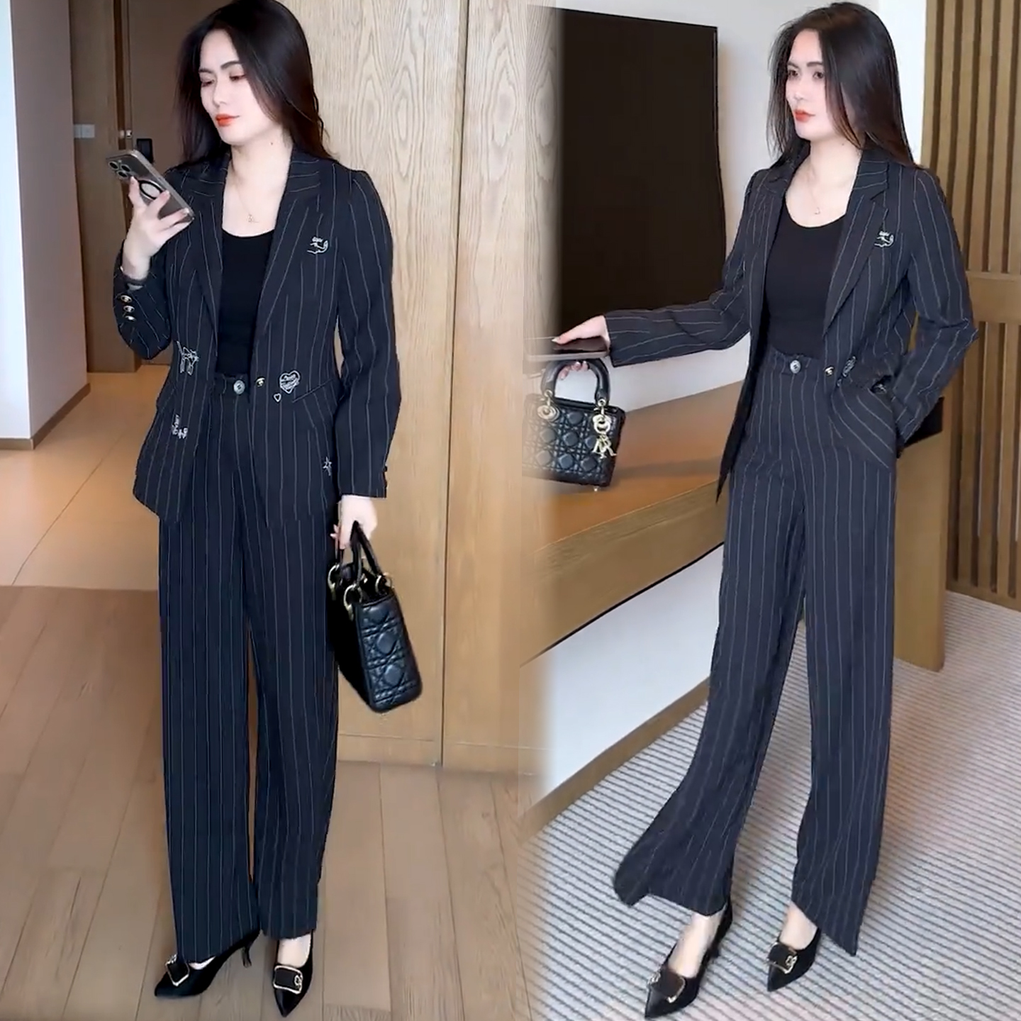 时尚休闲减龄套装女2025秋季新款洋气显瘦条纹西装外套阔腿裤套装