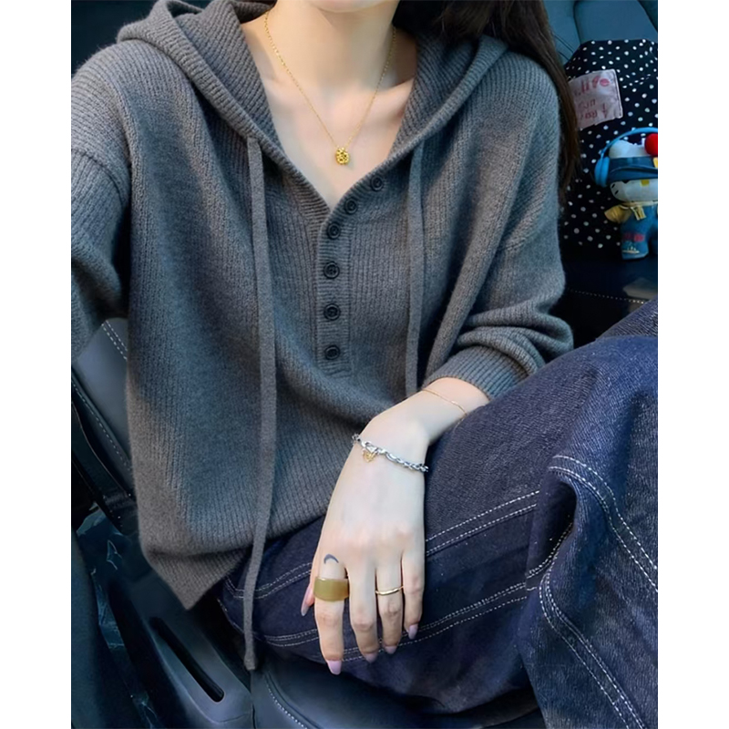 大码女装韩版简约休闲连帽针织衫女秋冬新款胖MM显瘦遮肉帽衫上衣