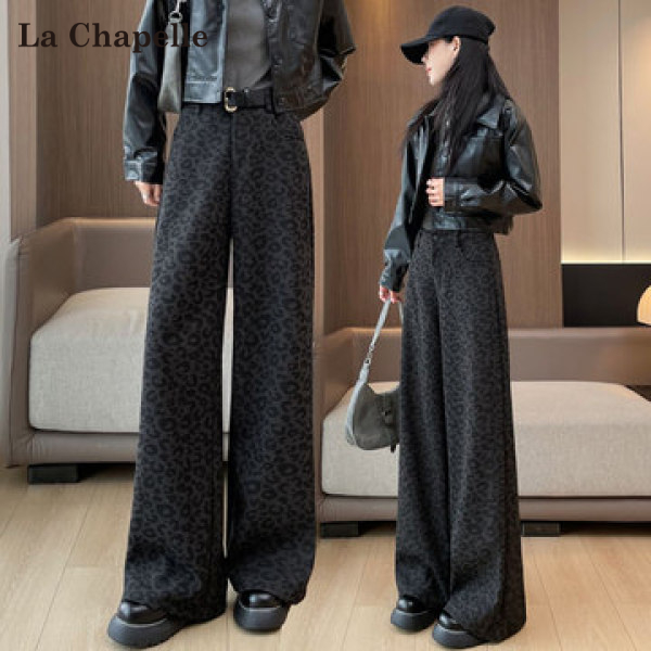 拉夏贝尔豹纹阔腿裤女春秋冬季高腰窄版毛呢显瘦直筒加绒拖地裤子