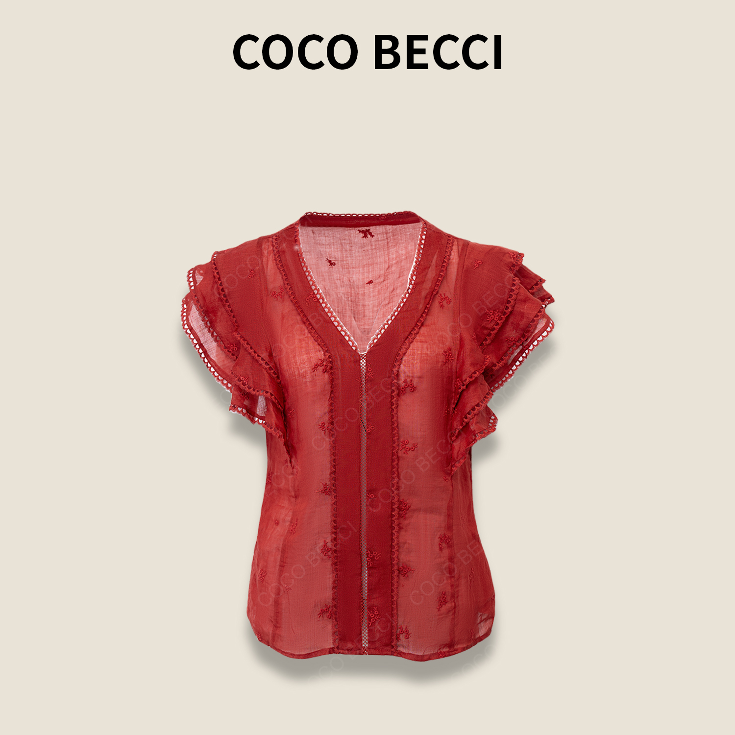 COCO BECCI【洛神】100苎麻混纺显白时尚百搭蕾丝小衫CFXYB312012