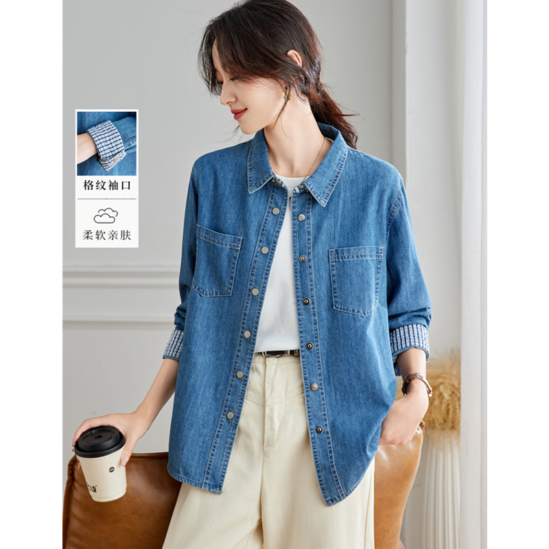 高级感巨好的休闲长袖牛仔衬衫女秋季韩系独特叠穿内搭单穿上衣潮