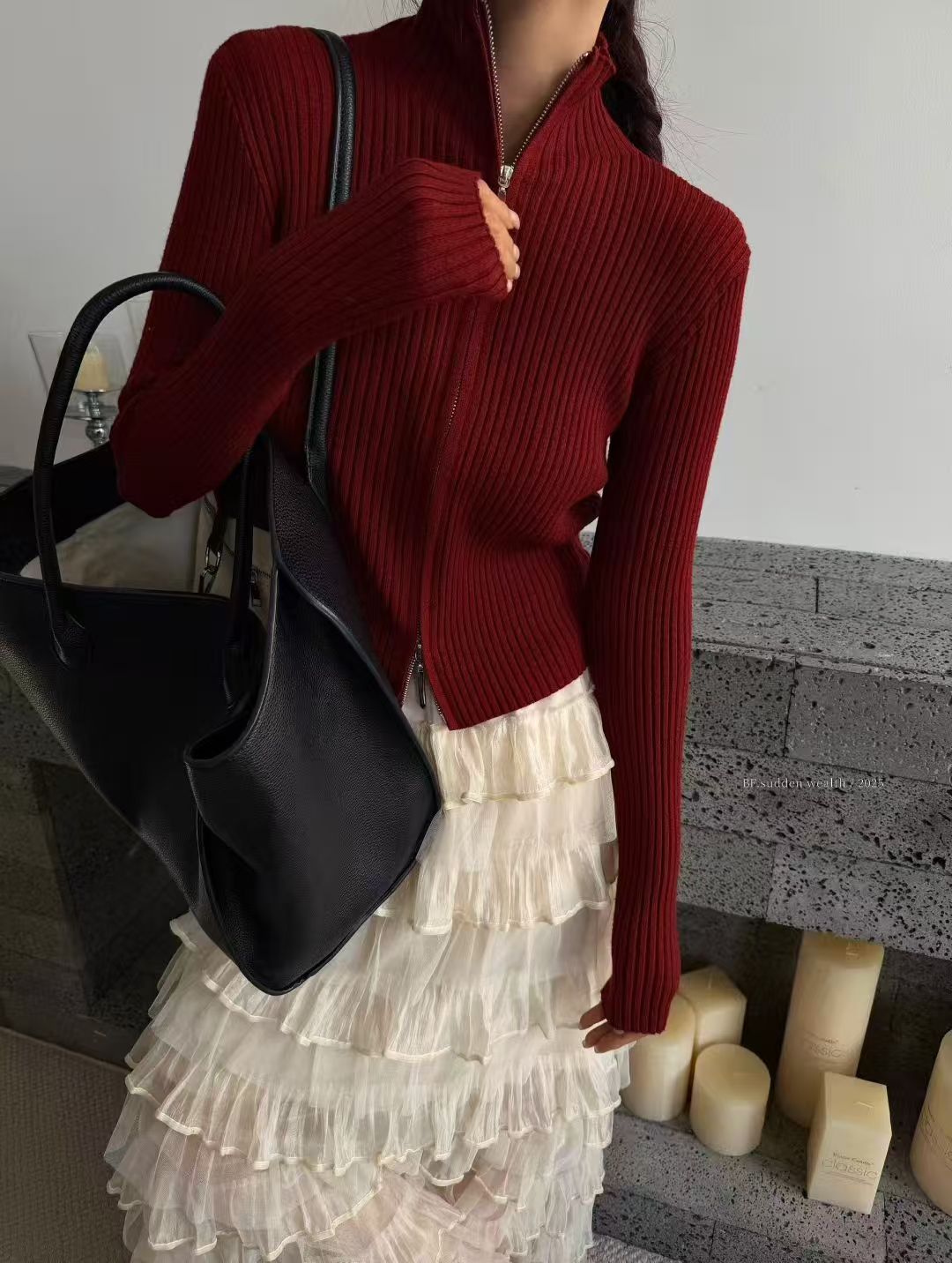 2025冬季新款美式双拉链立领百搭显瘦纯色短款针织开衫