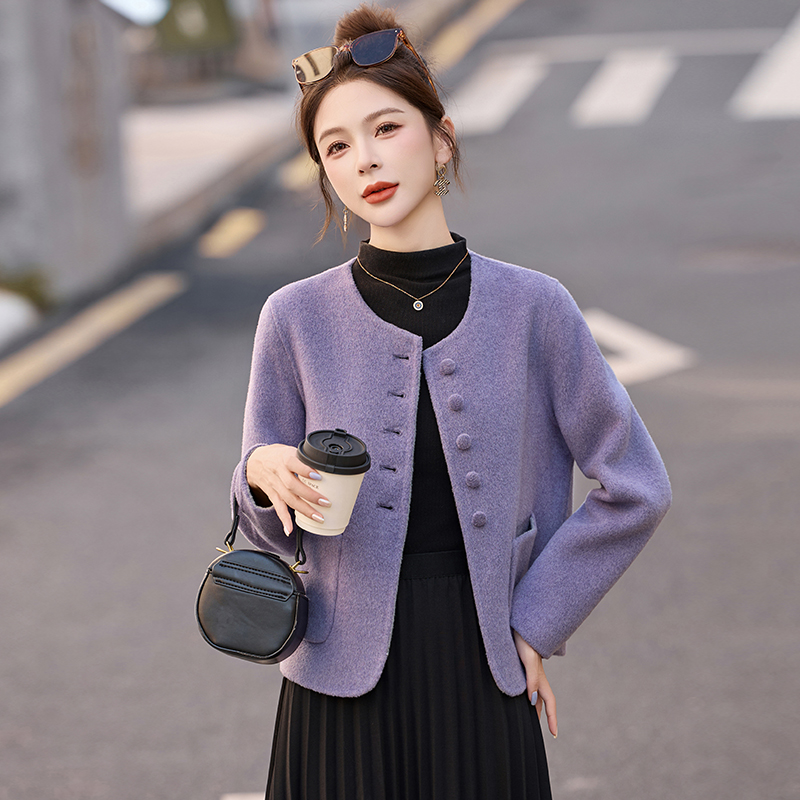 双面羊毛呢外套女短款2025春秋新款小香风气质百搭紫色毛呢大衣潮