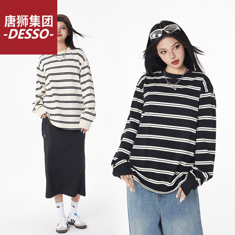唐狮集团DESSO唐狮集团新款续春夏季恤百搭日系条纹宽松圆领长袖