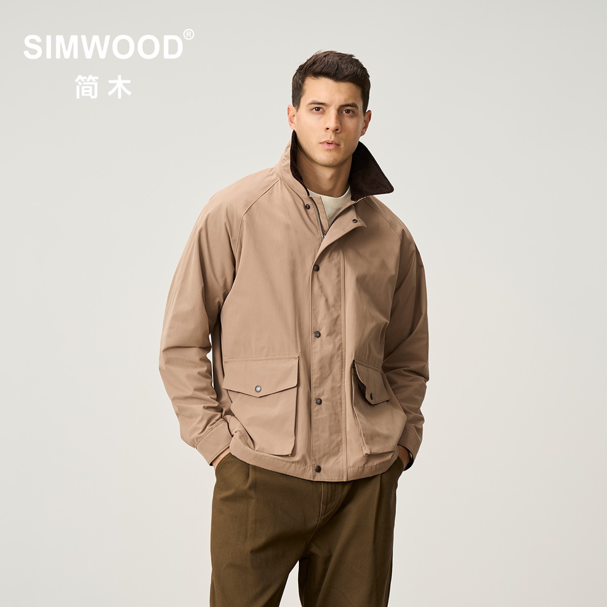 SIMWOOD/简木【宽松版】复古防泼水无油蜡做旧拼接夹克外套SO130109