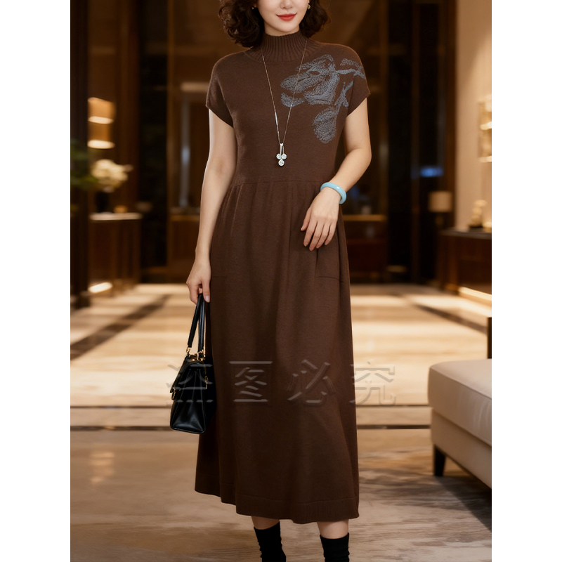 9809#大码女装早秋新款印花宽松显瘦时尚气质优雅高领短袖连衣裙