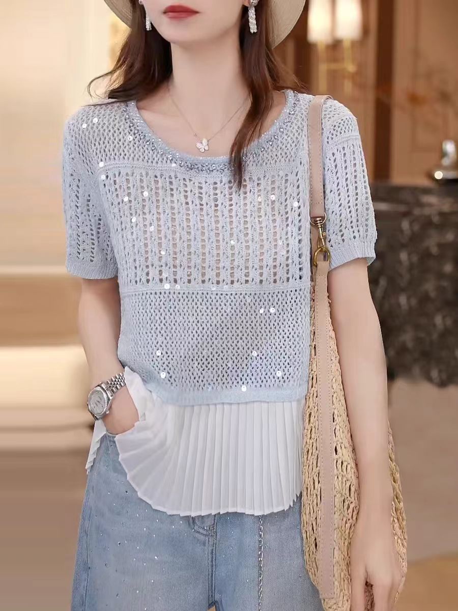 蓝色镶钻镂空短袖针织t恤女夏季2025新款韩系荷叶边气质显瘦毛衣
