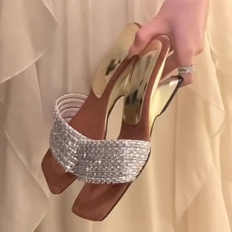 秋妤 小个子增高拖鞋坡跟气质水钻一字拖凉高跟鞋女夏季2025新款