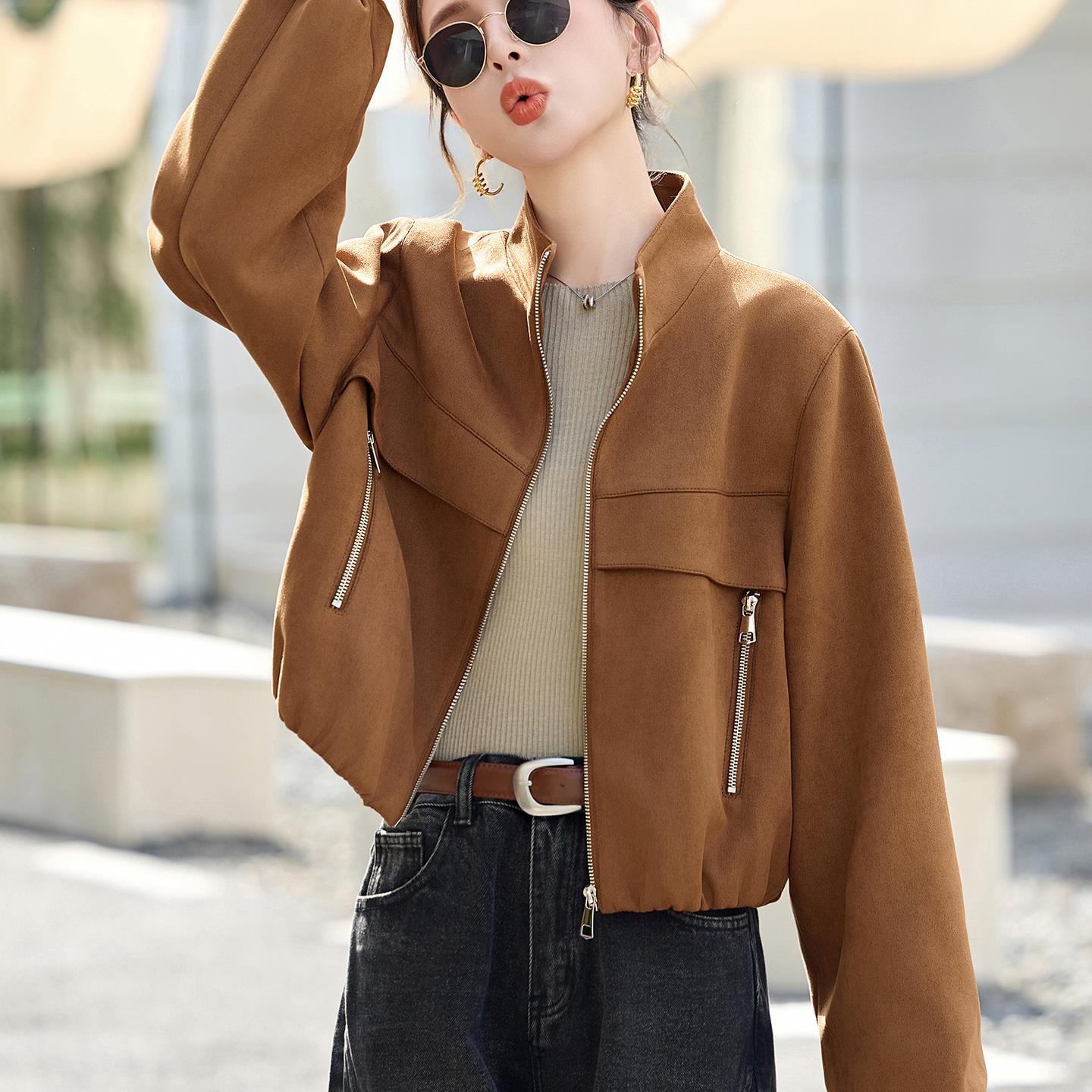 2025春秋新款韩版立领鹿皮绒短外套女小个子酷飒修身显瘦夹克上衣