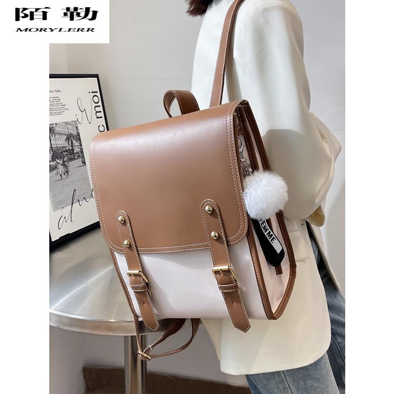陌勒秋冬新款复古英伦风皮质书包女大学生简约电脑背包通勤双肩包