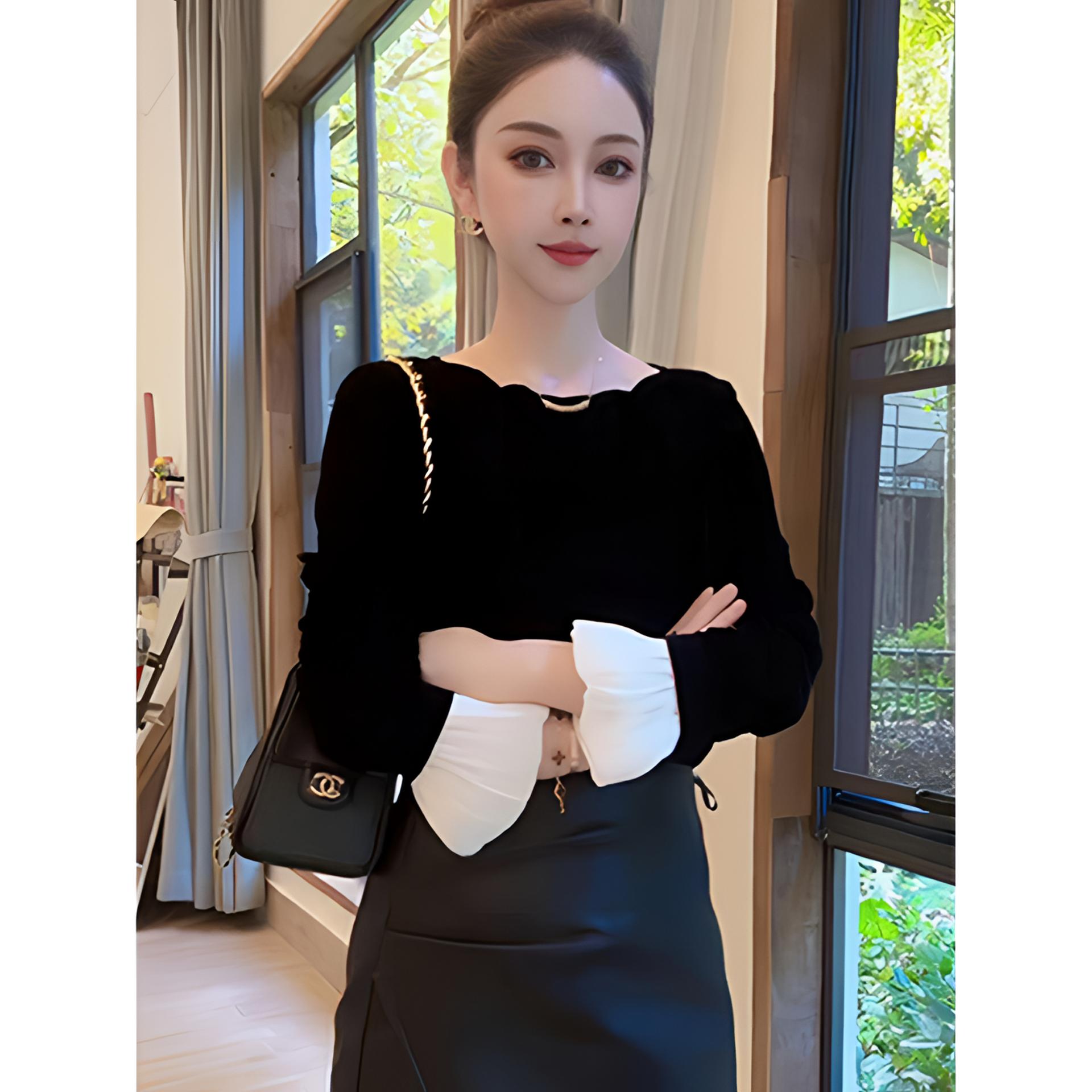 高级感花苞袖拼接丝绒T恤女早秋新款韩系百搭遮肉绝美长袖小衫潮
