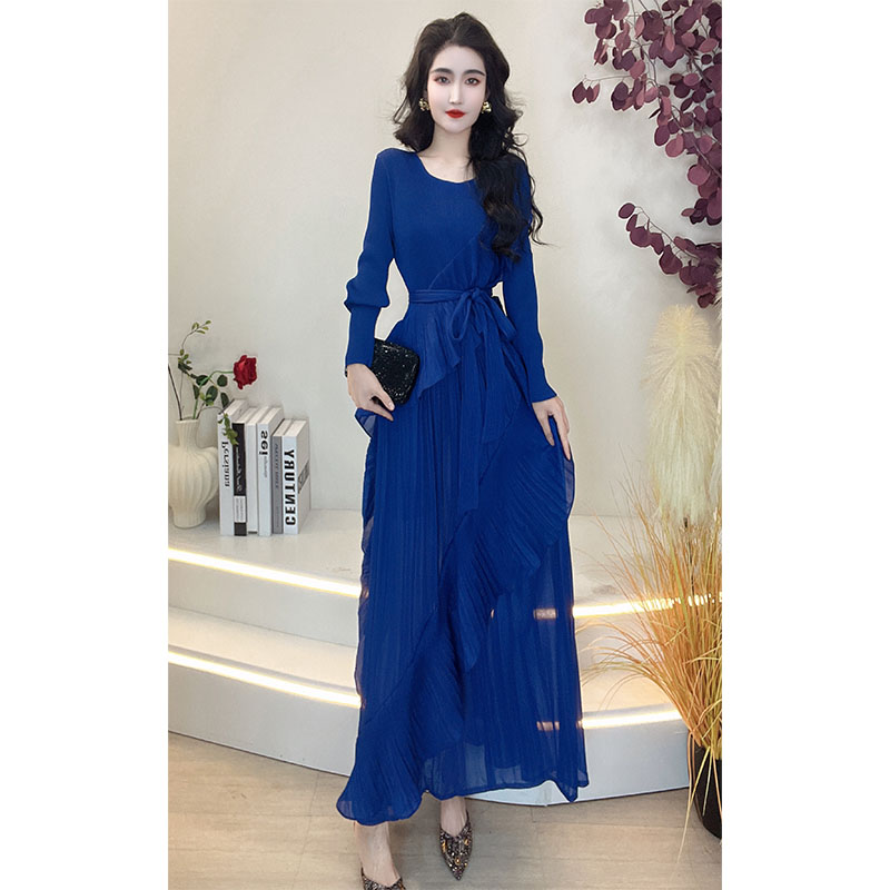 春秋冬天时尚复古褶皱女装新款气质连衣裙裙子长款885297