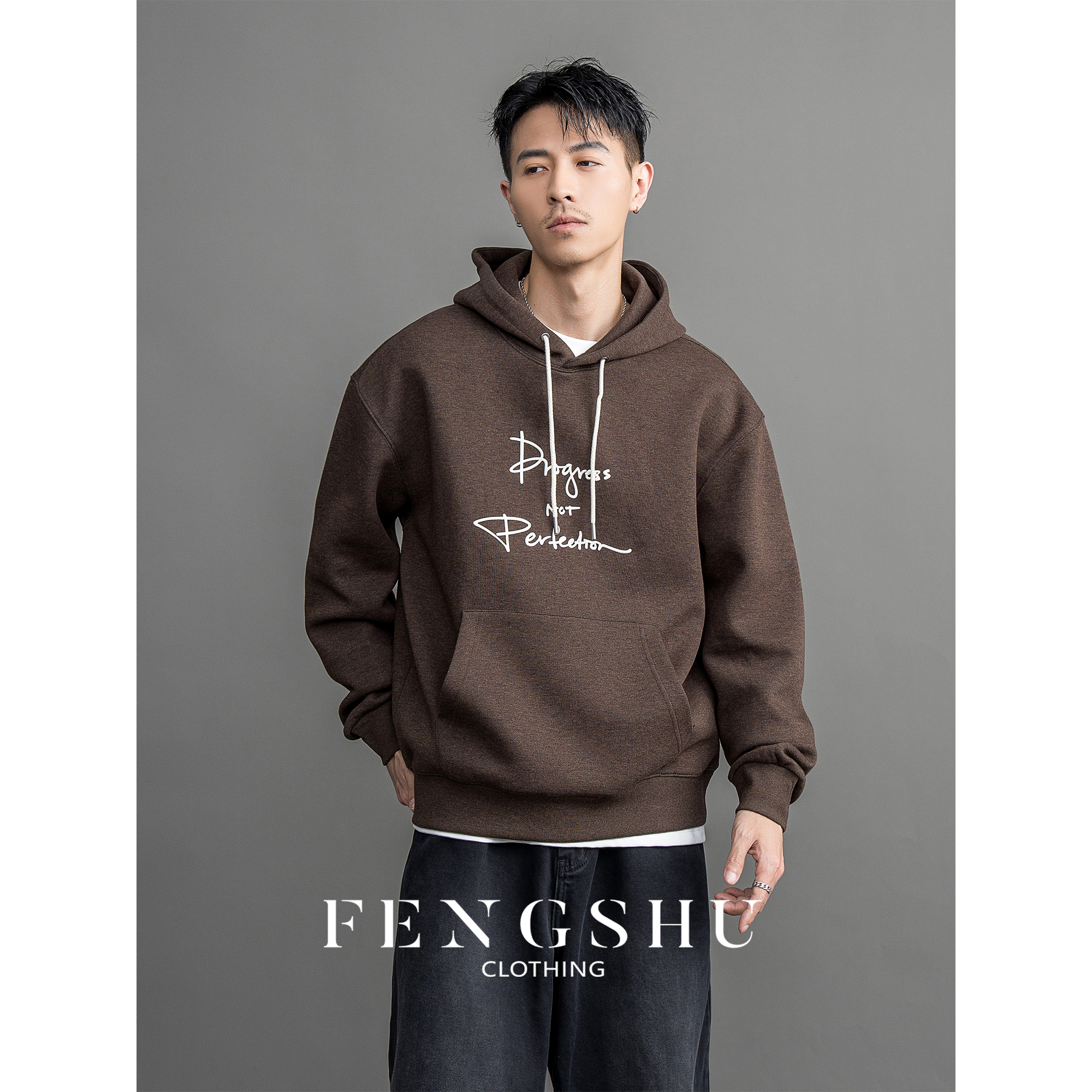 FENGSHU「立体标语 重工刺绣」毛圈布 连帽卫衣男 复古宽松潮流上衣