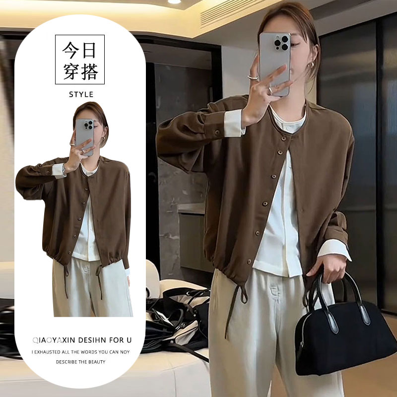 欧货拼色假两件圆领长袖衬衫女秋季时尚下摆抽绳小衫百搭开衫上衣