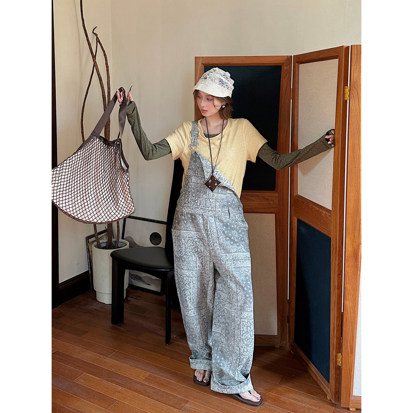 REREK 设计师 25早秋 复古感腰果花休闲宽松可调节牛仔背带长裤