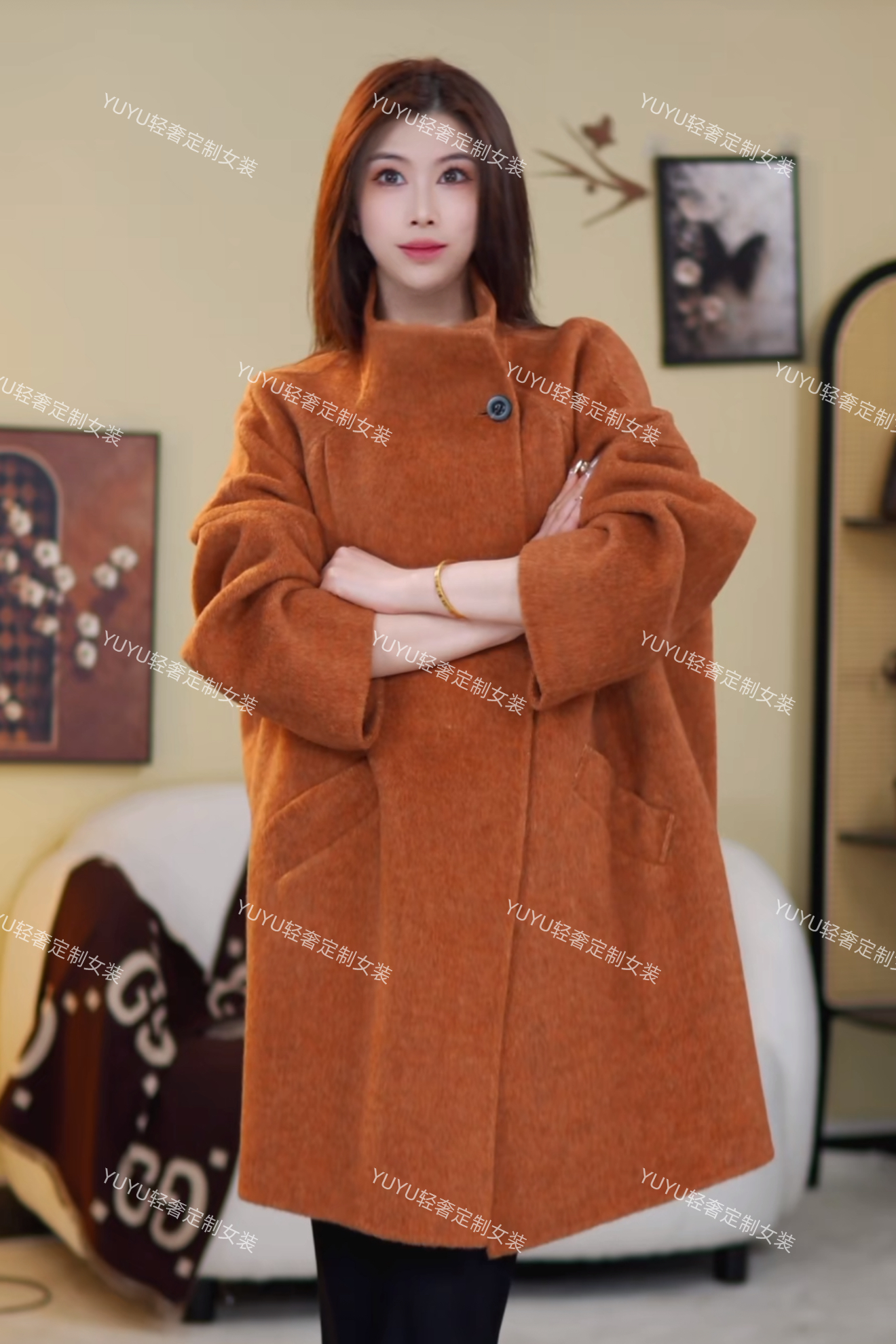 25211高定欧版茧型立领宽松羊毛大衣定制版中长款时尚小众设计款