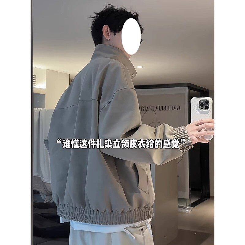 hn潮牌雾面扎染皮夹克男款春季痞帅立领机车服美式飞行员皮衣外套