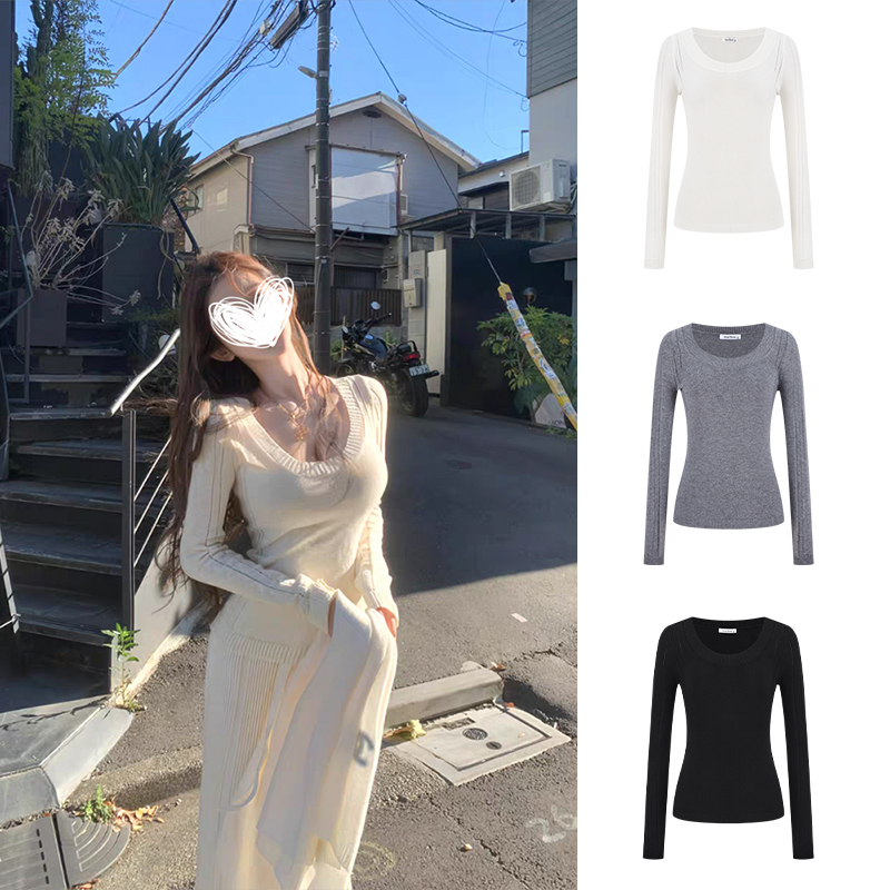 Moses Queen/魔西女王修身显瘦长袖毛衣女秋冬镂空U领针织衫上衣