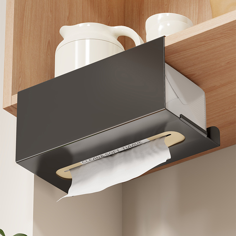 橱柜下挂式纸巾盒浴室倒挂免打孔铁艺洗脸巾抽纸收纳架简易抽纸盒