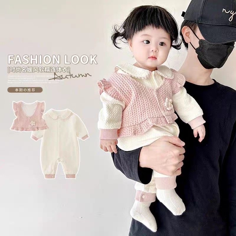 女宝宝套装连体衣秋季婴儿衣服公主风马甲两件套婴幼儿秋装外出服