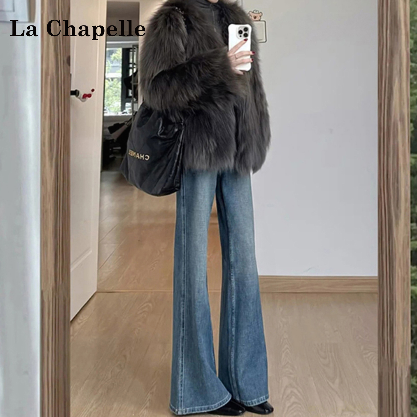 拉夏贝尔复古微喇牛仔裤女2025冬季新款高腰辣妹修身显瘦通勤百搭