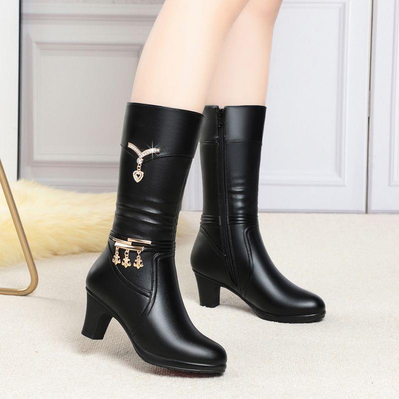 真皮鞋女洋气长靴加厚软底加绒保暖女士棉靴防女款加绒厚底马丁靴