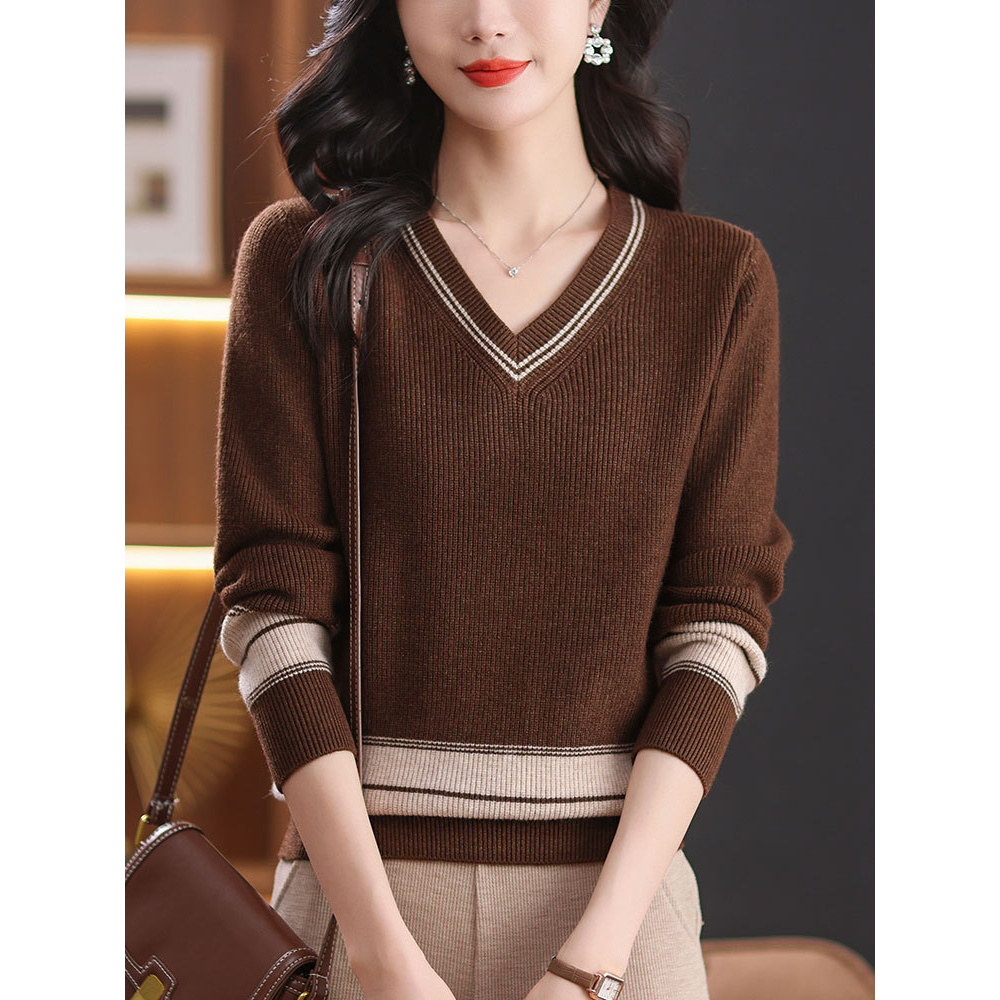 高端羊毛衫毛衣2025拼色V领针织毛衣女春秋新款时尚百搭宽松洋气