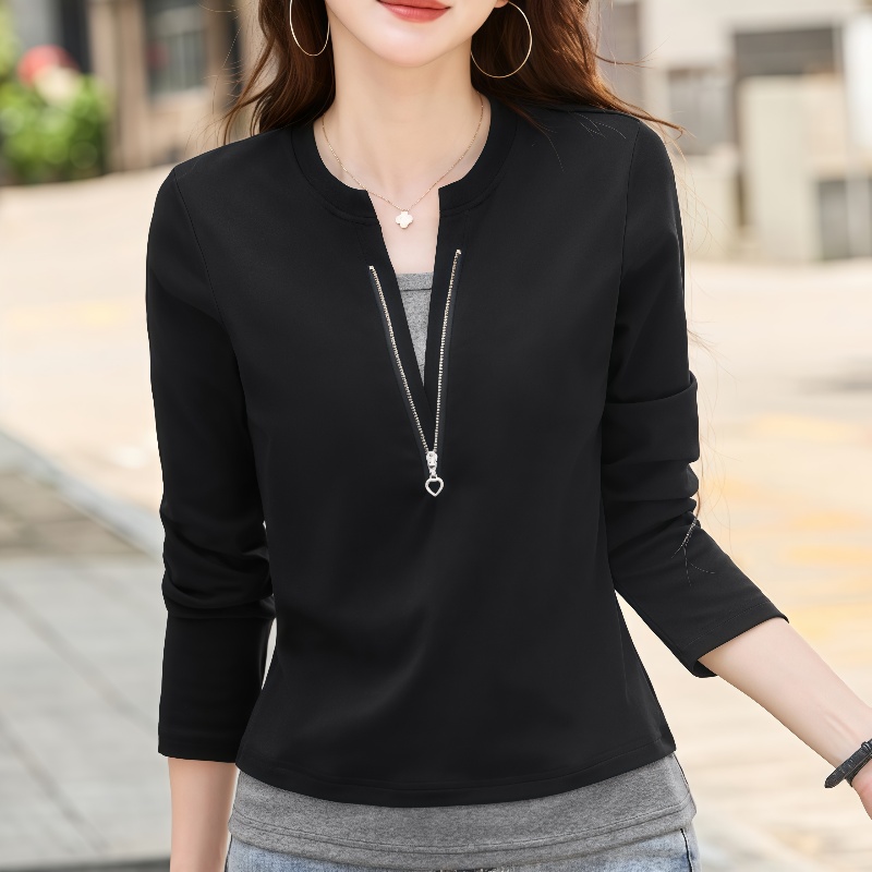 假两件拉链长袖t恤女纯棉打底2025春秋新款修身显瘦时尚洋气上衣