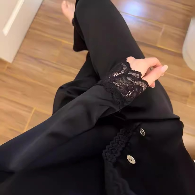 睡衣女2025新款带胸垫纯欲蕾丝花边长袖春秋季冰丝缎面家居服套装