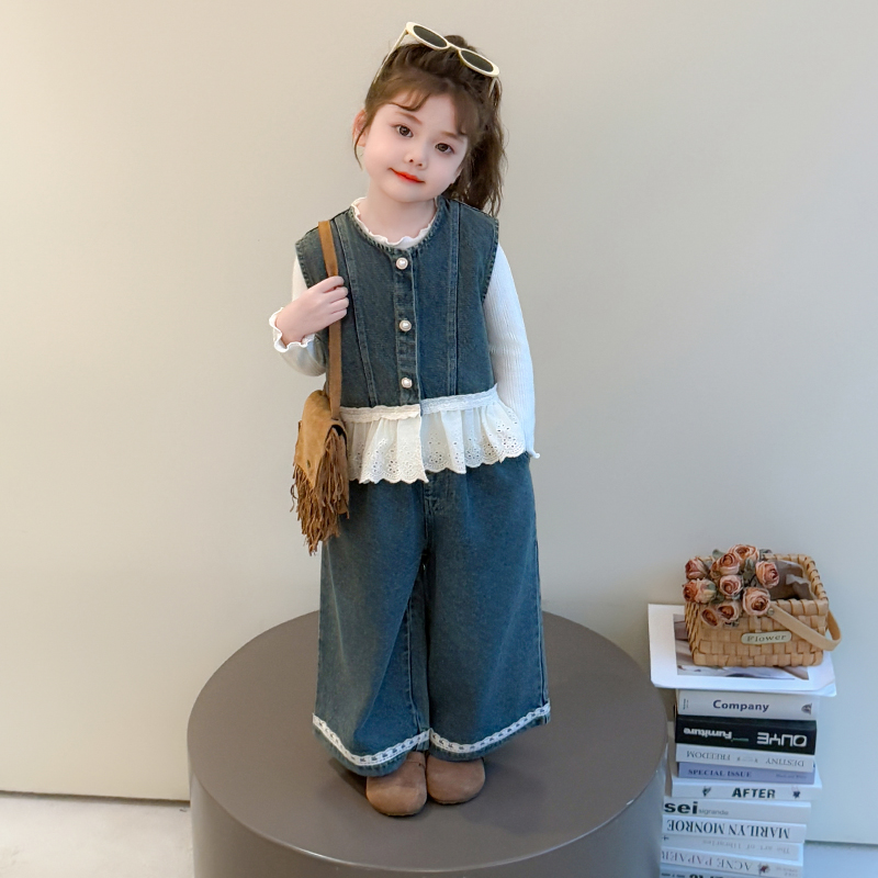 女童牛仔套装洋气秋装2025新款儿童花边马甲阔腿裤宝宝韩版三件套