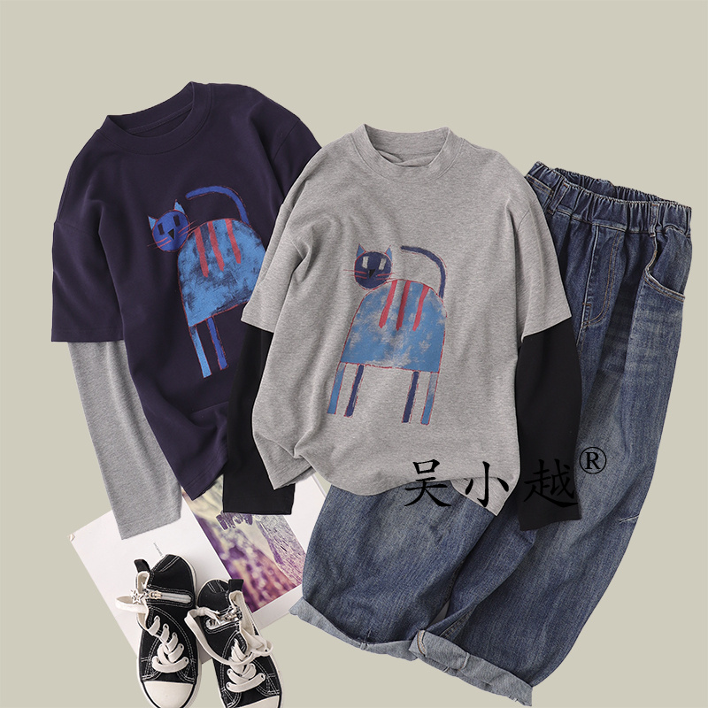 吴小越w1613男童打底衫秋款韩版拼接假两件数码印花云朵绒t恤