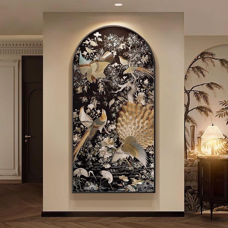 法式中古风玄关装饰画复古花鸟走廊过道拱形挂画高级感正对门壁画