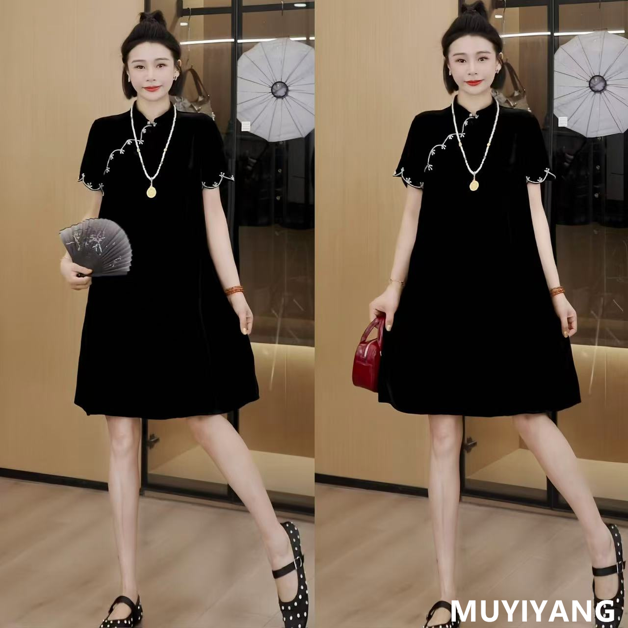 【炽热】设计感小众钉珠丝绒旗袍高定版连衣裙 裙长90 25-304#