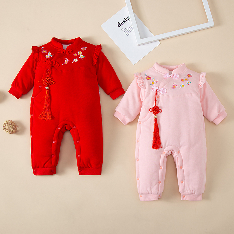 中国风婴儿连体衣春秋冬季薄棉纯棉男女宝宝满月百天周岁拜年服