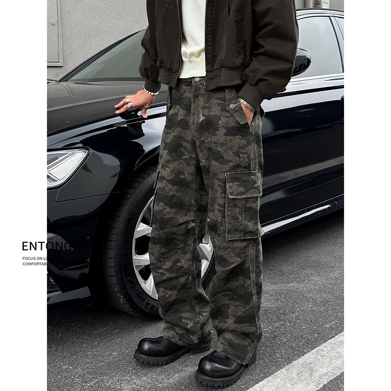 Entong美式潮牌迷彩牛仔裤男款多口袋宽松阔腿工装裤春秋新款长裤