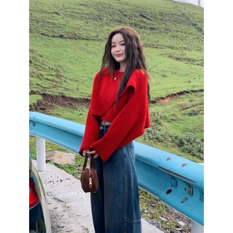 韩系氛围感穿搭设计感小众小香风绝美红色不规则长袖针织上衣女秋