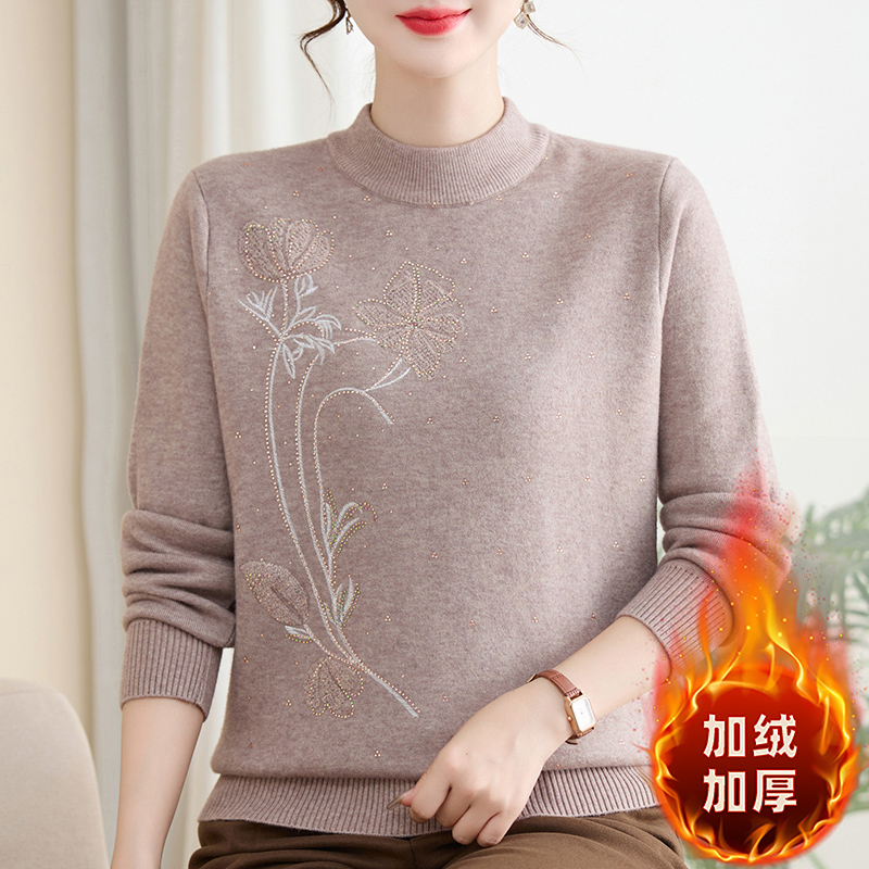 秋冬中老年妈妈纯色加绒加厚针织衫中年女装一体绒保暖毛衣#25262