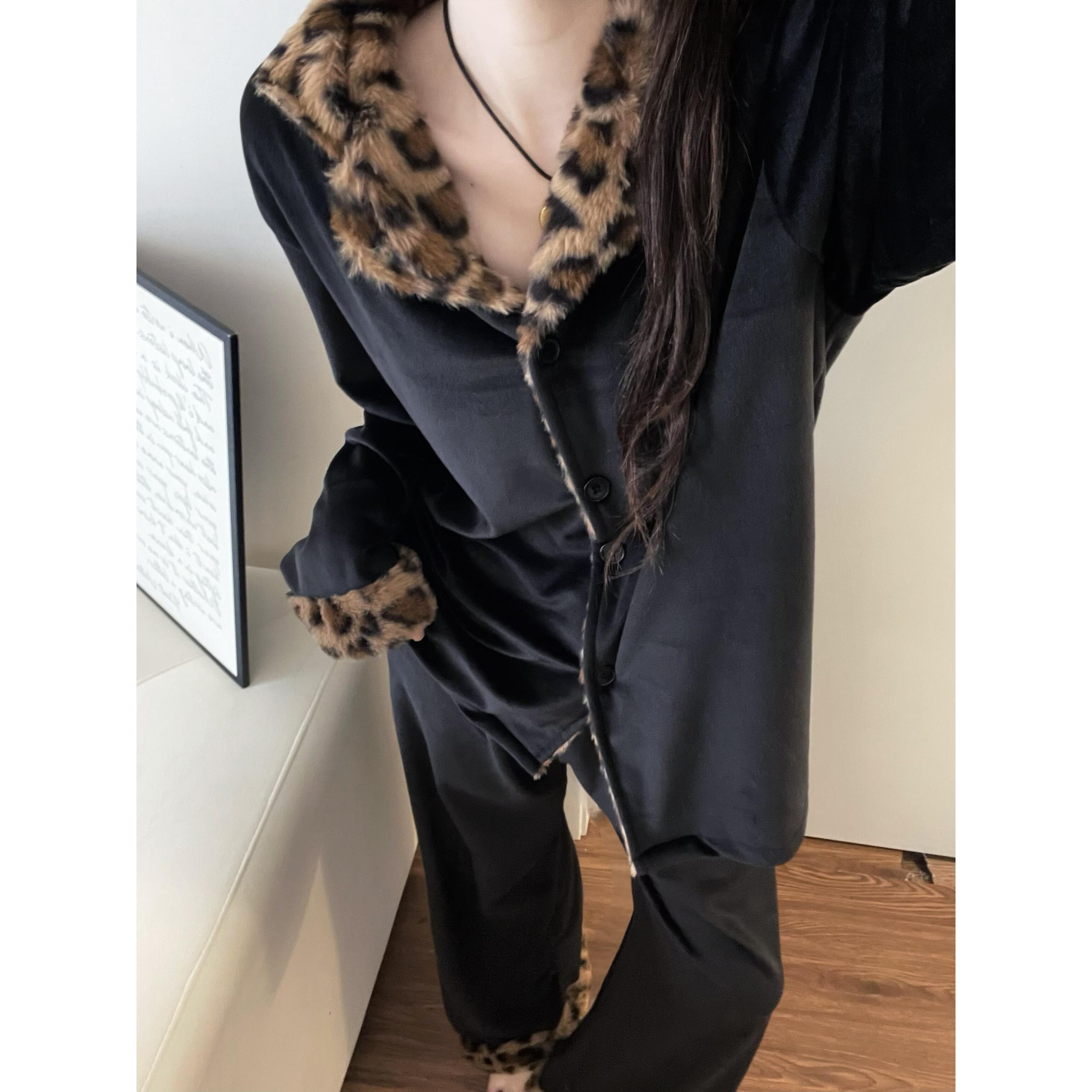 韩版高级感豹纹保暖海岛绒睡衣女冬季新款大码加厚加绒家居服套装