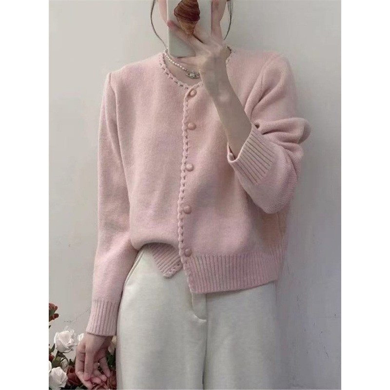 原版陶瓷扣2025秋冬新款韩系重工手工勾花小香风圆领针织毛衣开衫