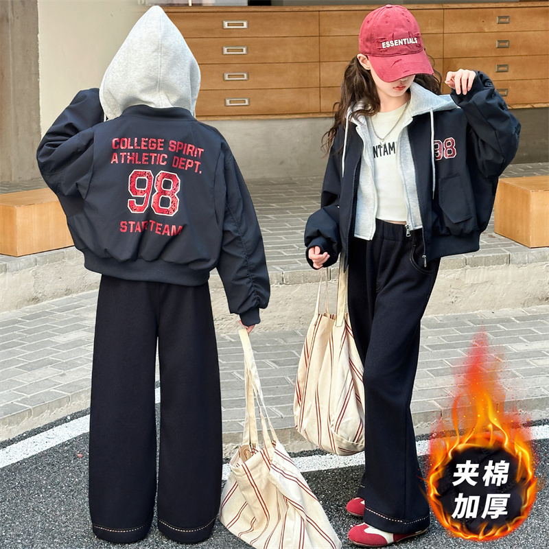 女童外套秋冬装2025新款假两件冬款夹棉加厚棒球服儿童冬季牛仔裤