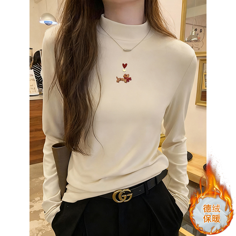 秋冬季德绒半高领长袖t恤女时尚百搭洋气磨毛内搭加厚打底衫上衣