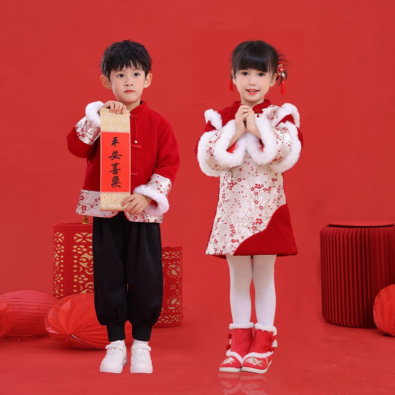 Bala巴拉童年元旦儿童喜庆演出服中国风唐装男女童加绒拜年服幼儿