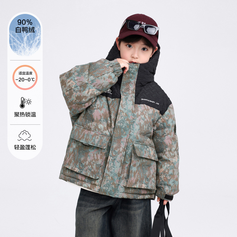 巴拉童年男童冬装迷彩撞色防风工装羽绒服2025新款儿童装冬季加厚