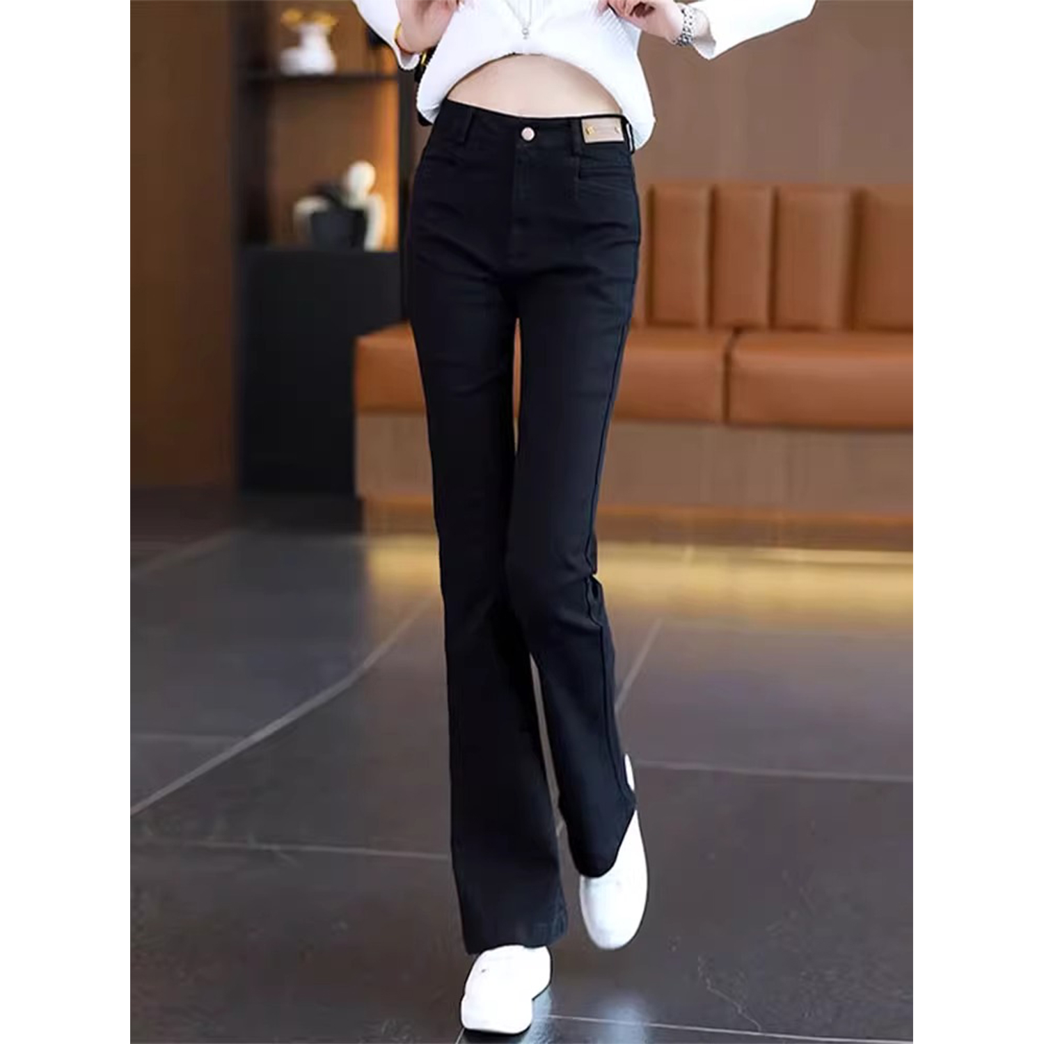 拉夏贝尔2025春秋新款女微喇叭裤黑色牛仔裤马蹄裤显瘦休闲微喇裤