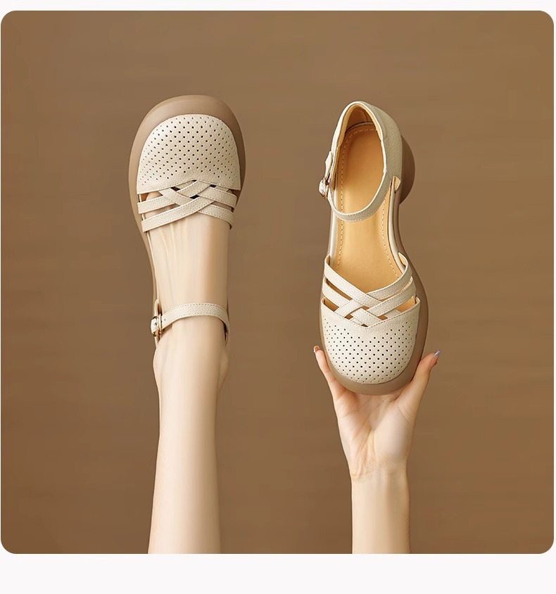 复古高跟镂空夏季包头凉鞋女百搭真皮粗跟厚底一字带网眼罗马凉鞋