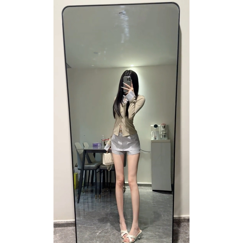 2025早秋新款假两件长袖衬衫上衣配显瘦条纹裙裤韩系穿搭套装女