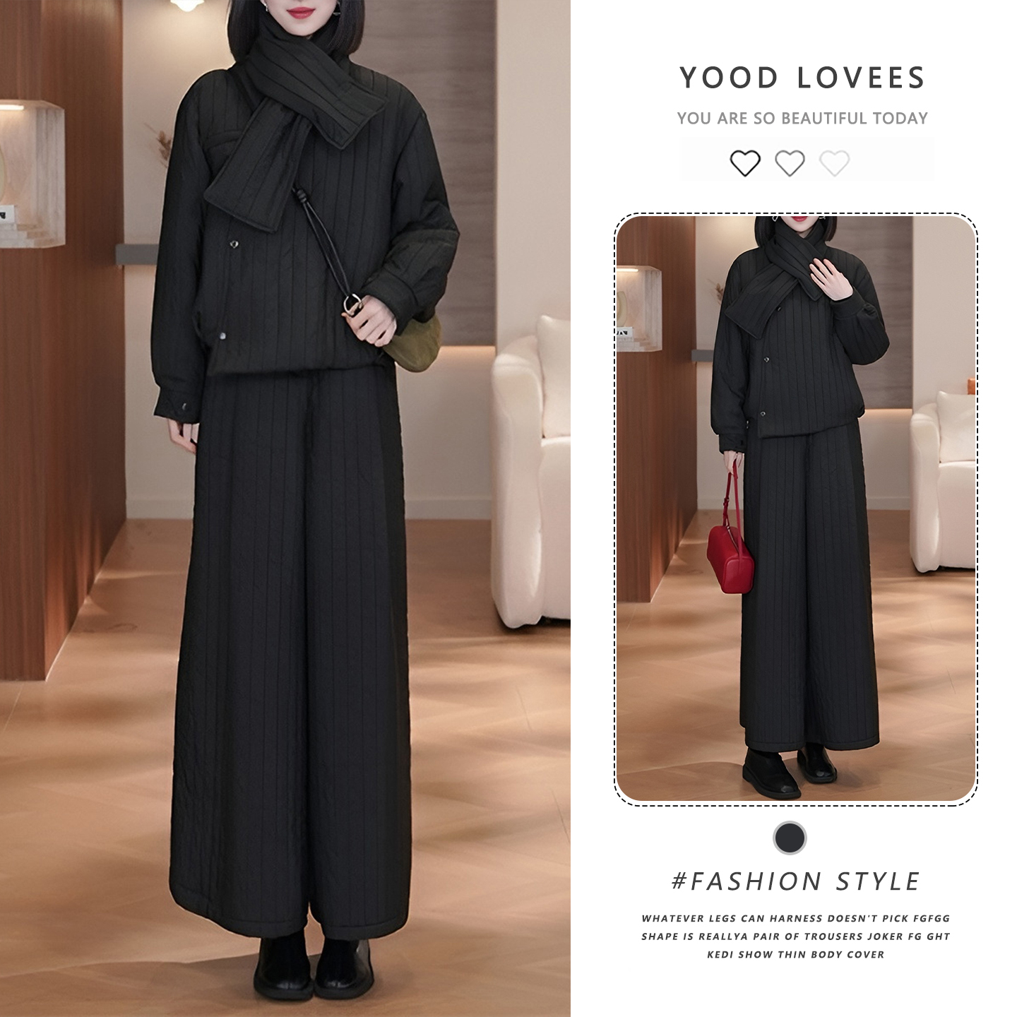 时尚套装女2025冬季新款洋气宽松加厚保暖棉服围脖阔腿棉裤三件套