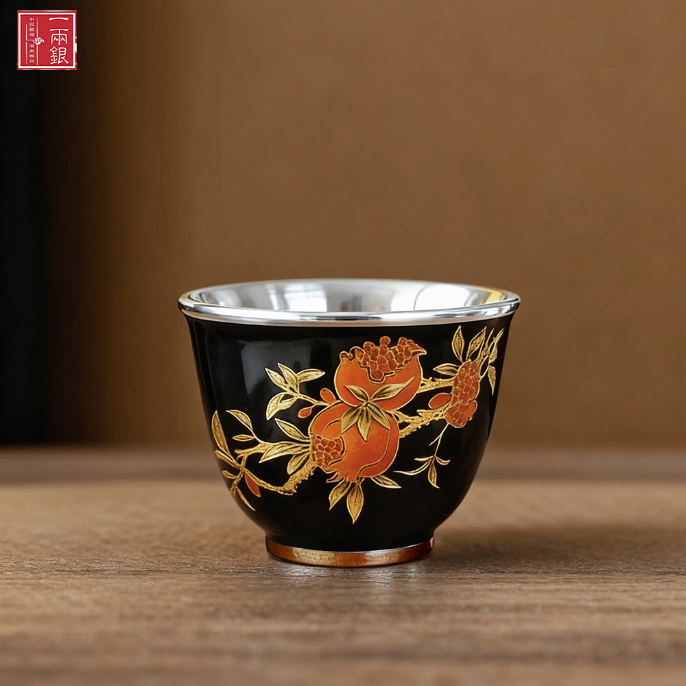 珐琅彩瓷银主人杯中式家用品茗杯高档茶杯内胆榴金杯单杯礼盒