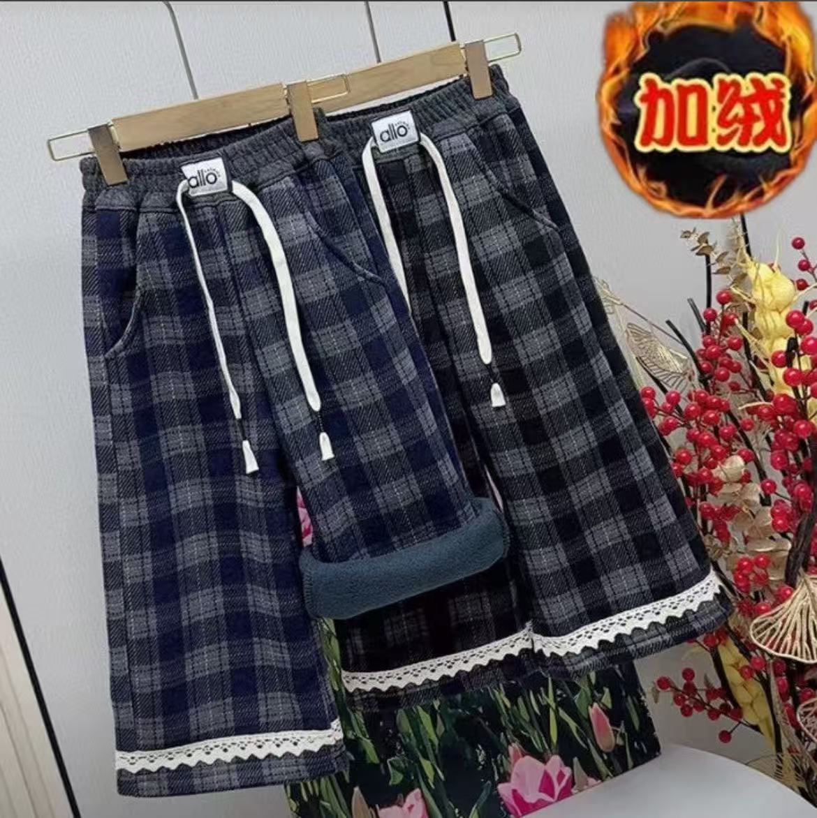 (加绒格子裤）儿童秋冬保暖2025休闲字母花边裤腿裤